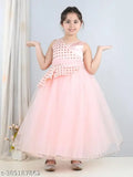 Peach net embroidered girls party dress, lightweight & full length for kids aged 1-12 years, India origin