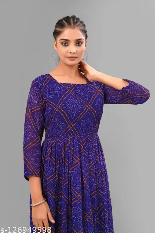 Women's blue bandhni styles kurti, printed combo on long-sleeved georgette, S (36in bust, 52in length), India