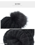 Black fur and woolen ball cap with scarf set, winter soft warm, snow proof, inside beanie, for women girl ladies