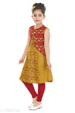 Yellow cotton kurti pack for girls, sleeveless printed net design, size 4-5 years (top length size: 26 in), made in India