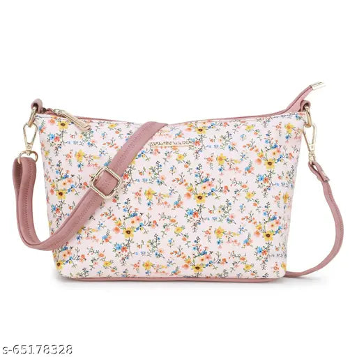 Pink sling bag with a floral pattern