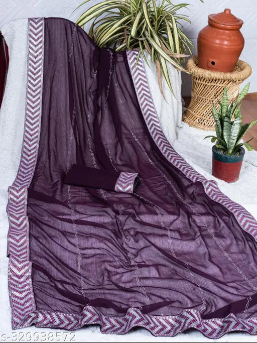 Georgette silk fancy saree with Swarovski diamond hotfix workwear & festive wear, embroidered pattern, single free size (length 5.5m, blouse 0.8m), India origin
