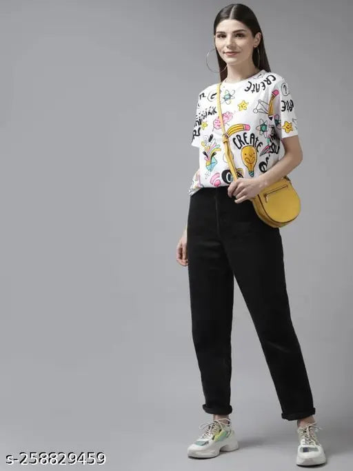 Oversize T-shirt Women Printed Round Neck White T-Shirt