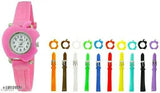 Multi-colored rubber watch with interchangeable bands, featuring a digital display and a pink strap