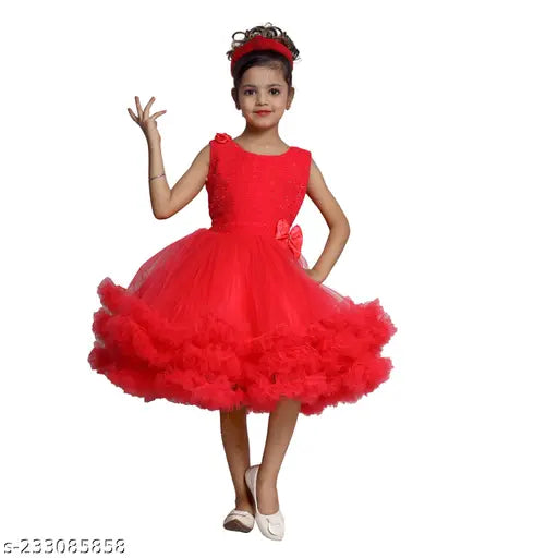 Red tulle tutu dress for girls, with ruffles and a red sash at waist