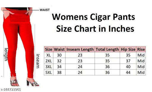 Cigarette pants in red - size chart in inches with waist, hips, thighs and length measurements - women's trouser