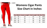 Cigarette pants in red - size chart in inches with waist, hips, thighs and length measurements - women's trouser