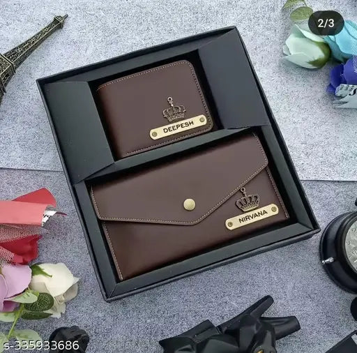 Brown PU customised wallet & clutch combo for men and women - versatile, personalized accessory set with 2 compartments, solid design, free size (15cm x 8cm)