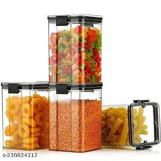 Clear plastic airtight containers set of 8, with black lids, for food storage.