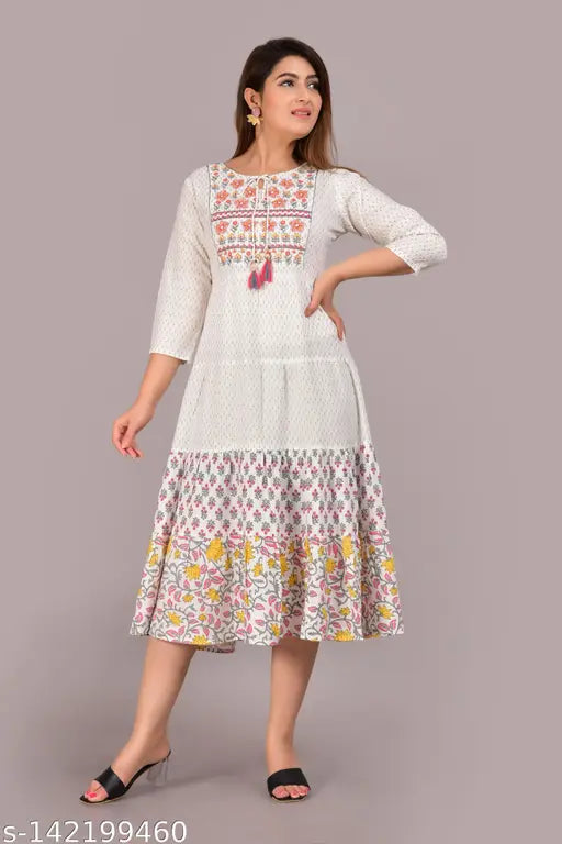 Rayon three-quarter sleeve Anarkali kurti for women, printed combo, country of origin: India