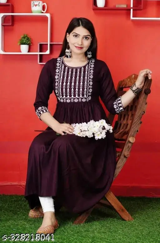 Purple embroidered kameez dress with flared sleeves