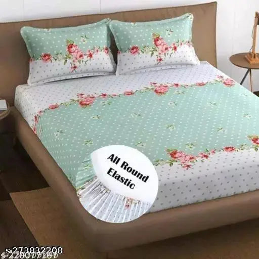 Glace cotton floral printed fitted bedsheet set with pillow covers - superfine quality for summer, double queen size with 320 thread count