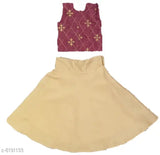 Kids silk blend golden and maroon ethnic wear lehenga choli, embellished with intricate embroidery. [1-2 Years: 24in x 20in, 3-4 Years: 26in x 23in, 4-5 Years: 28in x 25in, 6-7 Years: 30in x 27in]. Indian traditional outfit on display