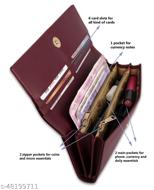 Maroon hand clutch, 6 card slots, phone pocket, 2 main pockets, coin purse