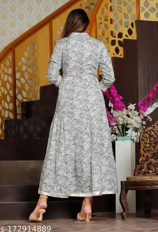 Trendy Rayon Grey Flower Print Long Sleeves Women's Kurti