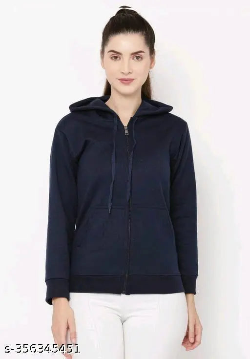 Stylish women's plain fleece hoodie jacket, solid black color, long sleeves, front open zip, hooddy for women's fashion, India origin