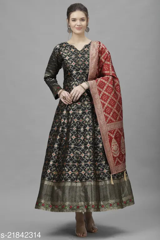 Indian jacquard semi-stitched Anarkali gown, free size (44in bust, 56in length), featuring contemporary woven design