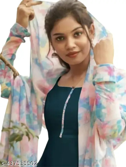 Pastel-hued Georgette rama gown1 with long sleeves, Indian-made in refreshing print
