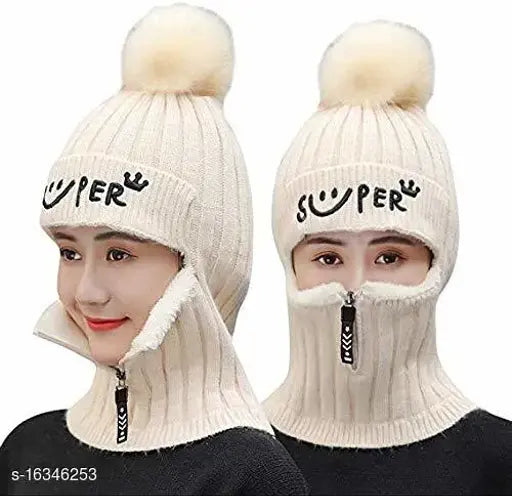 Woolen faux fur pompom beanie face mask cap skin pack for girls and women winter fashion accessory