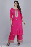 Rayon gold print kurta paazzo set, Indian rayon fashion for women with three-quarter sleeves, printed net design on display