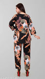 Printed rayon night suit set for women, three-quarter sleeves, Rayon bottoms, pyjamas style, India origin