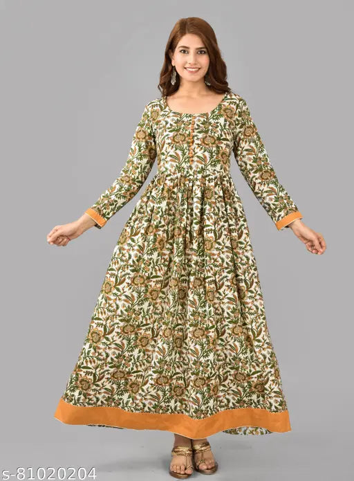 Green cotton printed A-Line kurti, three-quarter sleeves, Indian women's fashion apparel. S (36in bust), M (38in bust), L (40in bust), XL (42in bust)