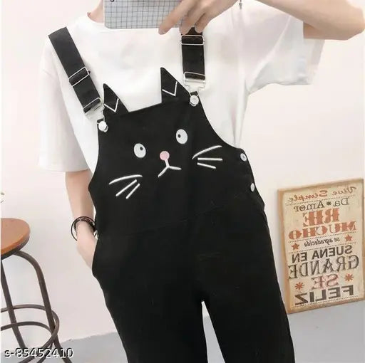 Denim printed kitty jumpsuit with TEE, short sleeves and ankle-length pants. Cute, comfy, and trendy fashion overalls from India
