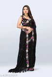 Fashionable women's georgette sari with floral embroidered blouse, black lace trim