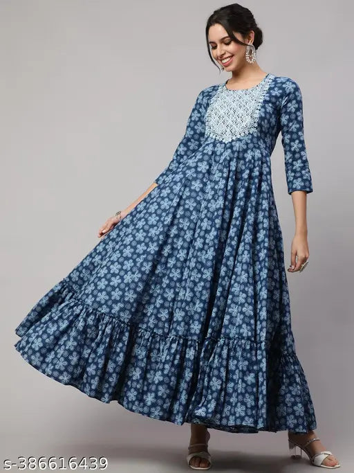 Women's long printed dress, cotton fabric
