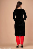 Women's winter long sleeve velvet kurta, black embroidery