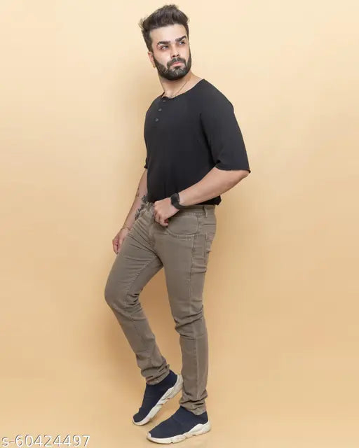 RIGBONE Mens Solid Beige Denim Jeans, stretchable narrow fit comfort denim pant on mannequin