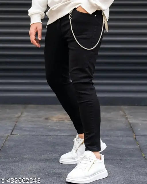 Black slim fit men's jeans with silver chain detailing at waist