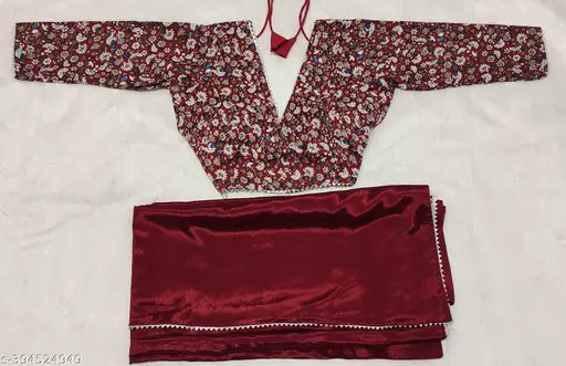 Trendy lace saree printed blouse with stitched hem and long sleeves