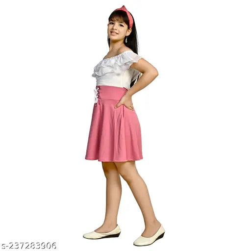 White, flared girls' party dress, knee-length, midi