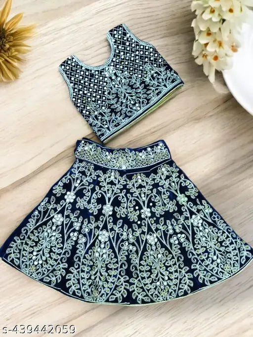 Zari Embroidered Mirror Work Velvet Lehenga Choli for Girls and Baby Girls - Gorgeous ethnic wear, comfortable and suitable for parties. Made in India