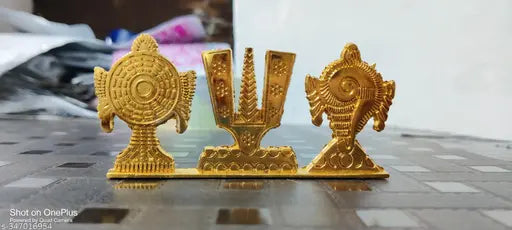 Brass Vishnu Shankh Chakra Namah showpiece, symbolizing divine power & calmness for home or office decor, India origin