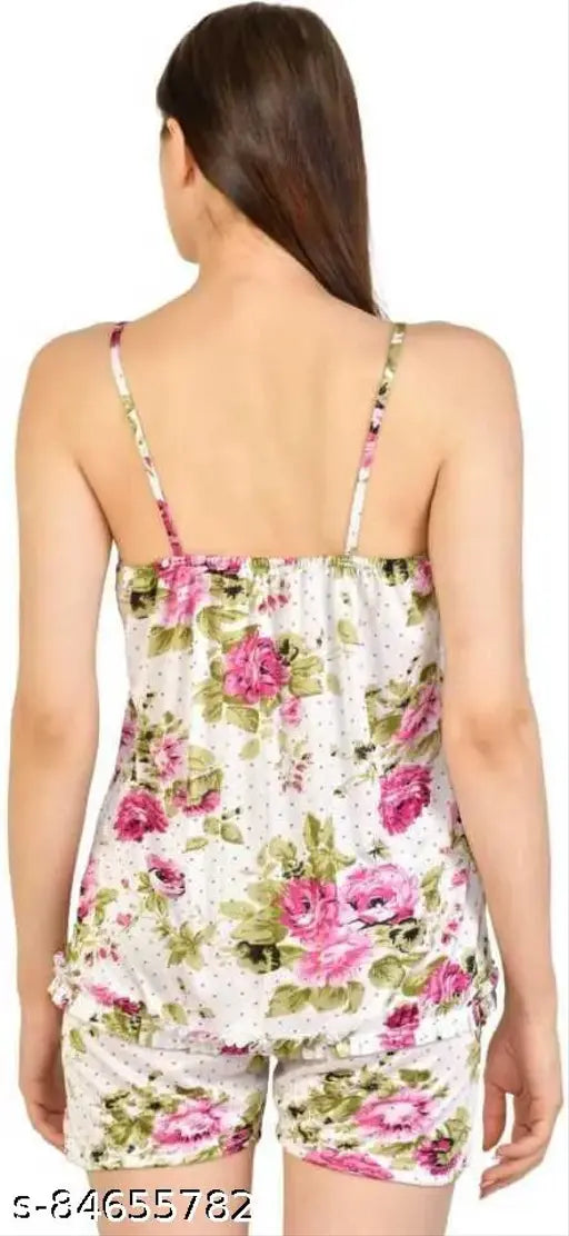 Cotovia women's pink satin & polycotton floral print short nightsuit set, sleeveless with spaghetti top and shorts, printed net pattern