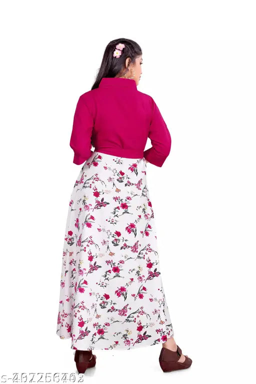 Colorful printed crepe maxi dress for girls, featuring round neck and floral design, perfect for parties or special occasions. Available in sizes 6-7 years to 14-15 years (India)