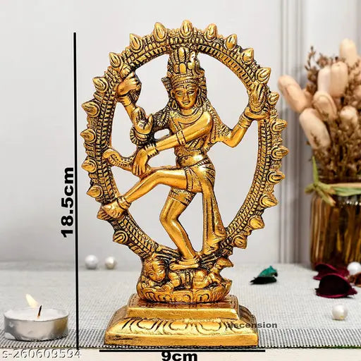 Gold plated oval Natraj statue for home decor, 18cm high Shiva Natraja figurine, Indian metal showpiece