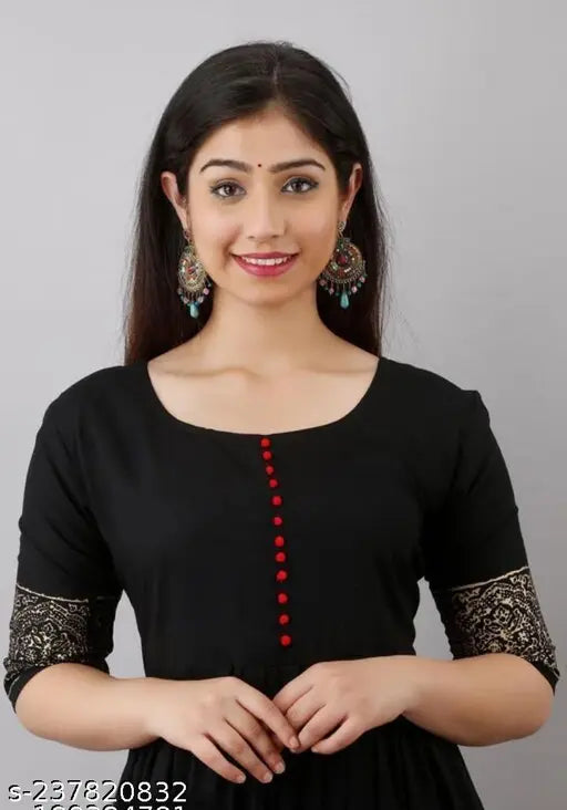 Black rayon flared kurta with hand block print, three-quarter sleeves and round neck