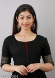 Black rayon flared kurta with hand block print, three-quarter sleeves and round neck