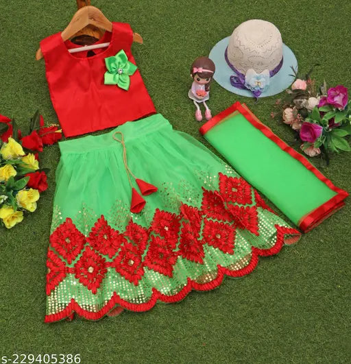 Taffeta silk and net embroidered Lehenga-Choli Dupatta set for girls, showcasing sequin work and butta patchwork, Indian origin