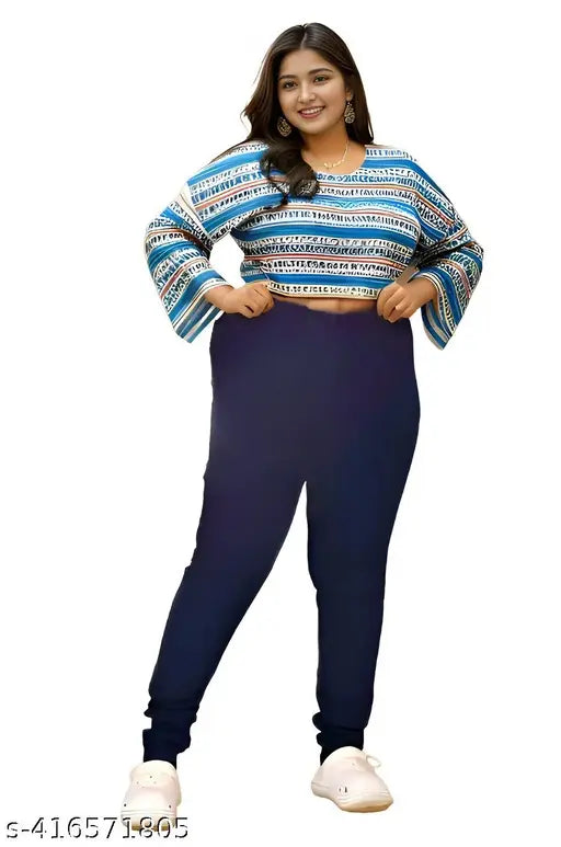 Dark blue premium quality denim jeggings for plus size, featuring Lycra stretch and consistent 40-inch length across waist sizes from 4XL to 7XL. Made in India