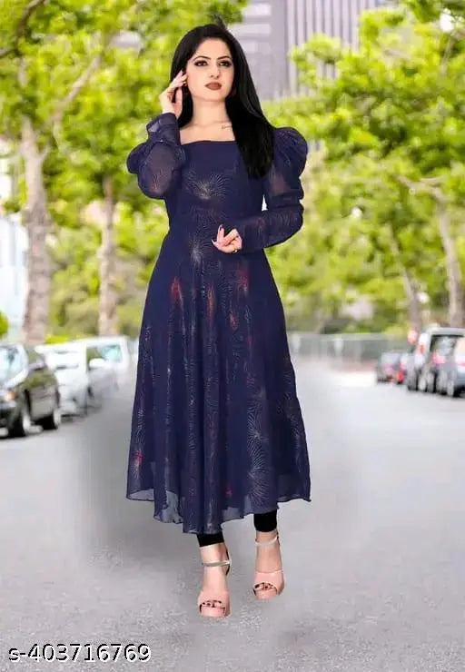 Blue Georgette Printed Kurta with Three-Quarter Sleeves - Indian fashion on model