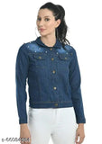 Trendy denim full sleeve embellished jacket (India), solid pattern, long sleeves, closure button on front