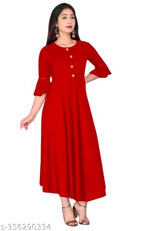 Women's fashionable red rayon anarkali kameez with a long flared skirt