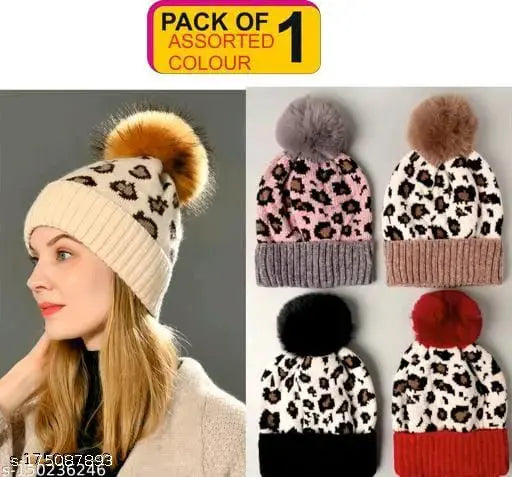 PinKit Women Caps Pack of 1 - Pink & Black leopard print knit beanie with fluffy pom-poms