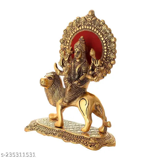 Metal Durga Maa Sherawali idol, 17x7.25x21 cm, golden antique finish, home decor or temple use