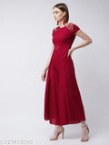 Maroon rayon wide-leg jumpsuit with pleated waistline and short sleeves, Miss Chase women's solid style