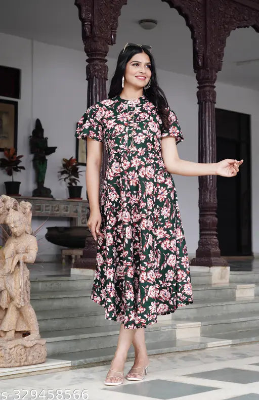 Multicolor embroidered rayon Anarkali kurti for women, short sleeves, S (36in bust, 48in length)